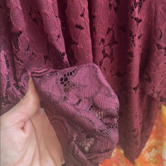 Free People Olivia Wine Red Sheer Lace Top Blouse with Balloon Sleeve Size XL - Picture 10 of 12